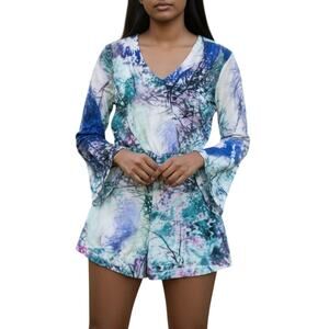 Etnafele White Floral Faux Wrap Romper Medium Bell Sleeve V-Neck